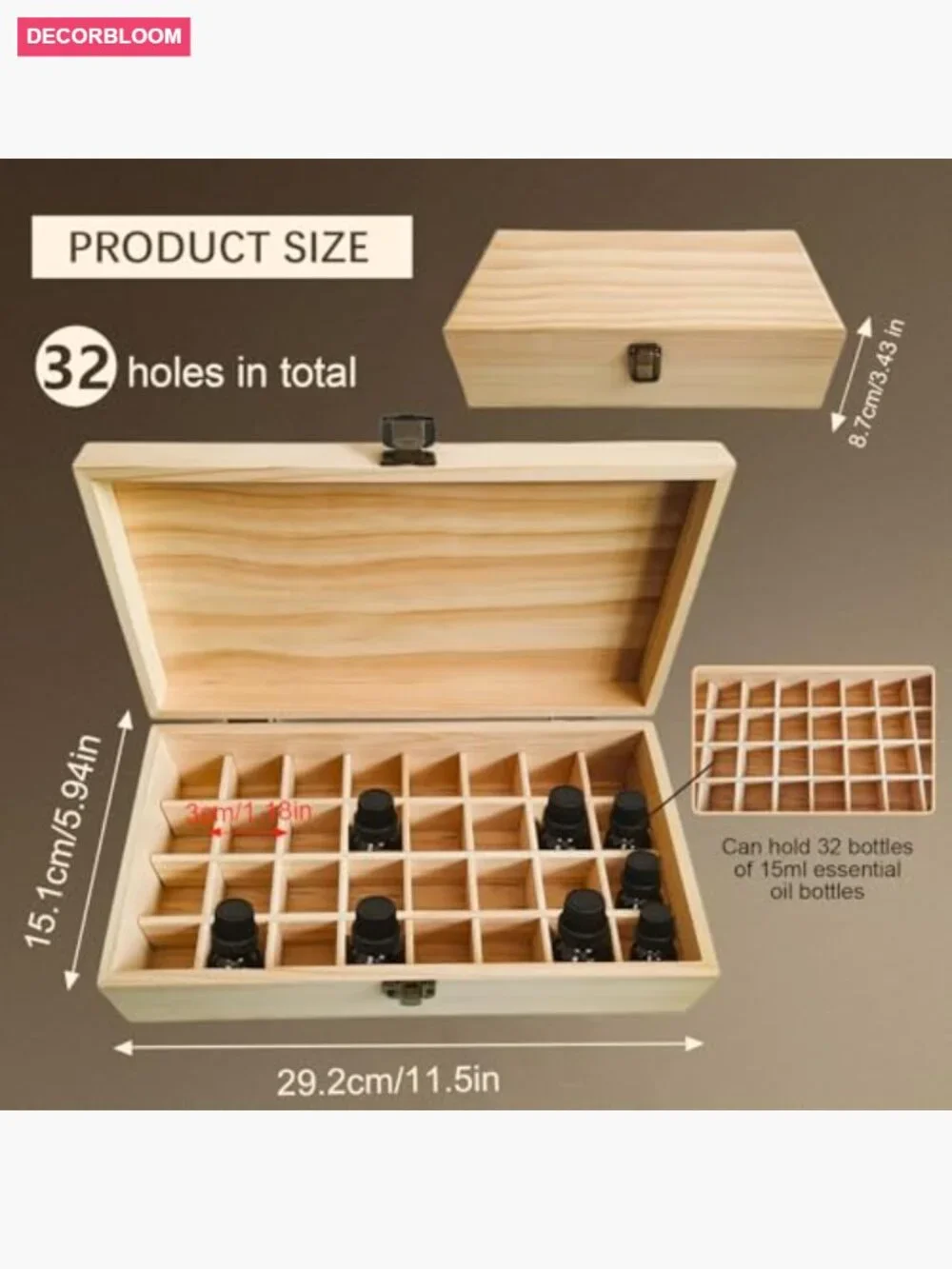 Wooden Essential Oil Travel Case for 32 Bottles, Lockable Storage Organizer